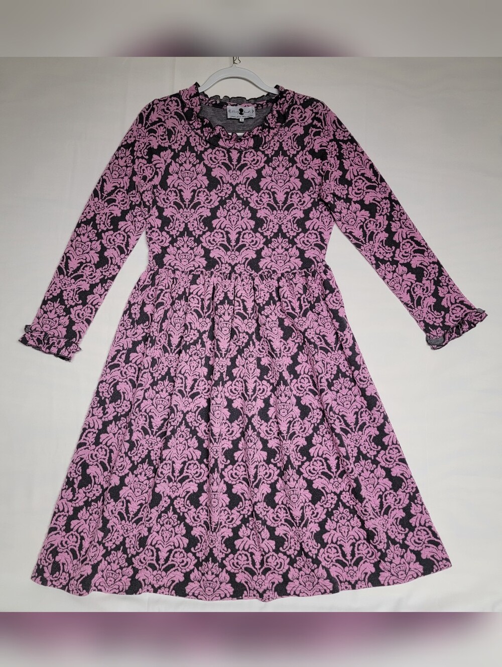 Dainty Jewells Pink & Black Damask Modest Midi Dress Long Sleeve Ruffled